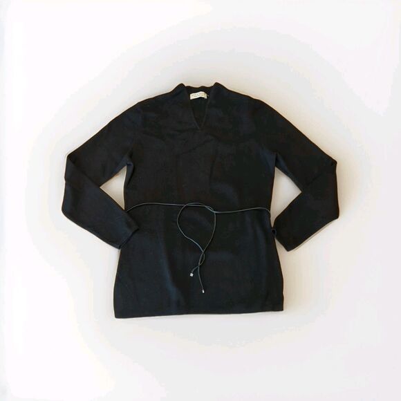 Lord & Taylor Italian Merino Wool Sweater Womens Medium Black V Neck Belted - Picture 1 of 6